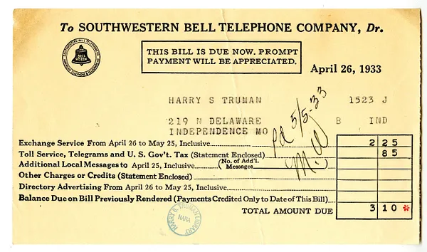 Bill from Southwestern Bell Telephone Company to Harry S. Truman