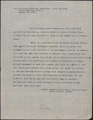Citizens National Committee for Sacco and Vanzetti press release (copy), Boston, Mass., August 22, 1927