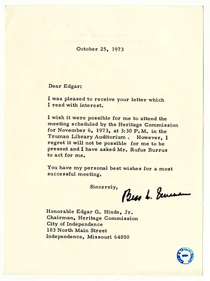 Letter from Bess W. Truman to Edgar Hinde