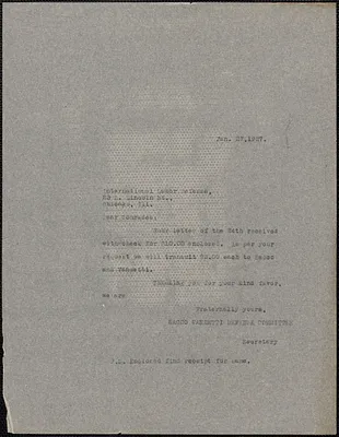 Sacco-Vanzetti Defense Committee typed note (copy) to International Labor Defense, Boston, Mass., January 27, 1927