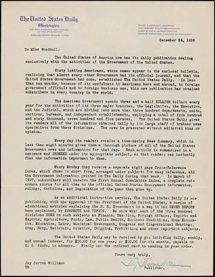 Jay J. Williams typed letter signed (circular) to [Zula Maud] Woodhull, Washington, D.C., December 24, 1926