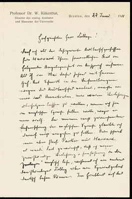 Kükenthal, Willy, 1861- autograph letter signed to Hugo Münsterberg?, Breslau, 27 June 1911
