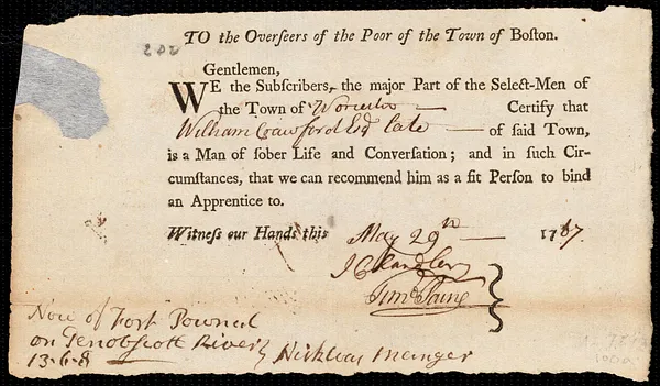 Nicholas Mangent indentured to apprentice with William Crawford of Fort Pownall, 3 June 1767