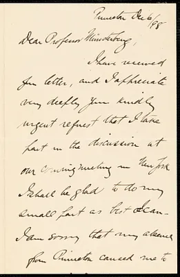 Hibben, John Grier, 1861-1933 autograph letter signed to Hugo Münsterberg, Princeton, N.J., 6 December 1898