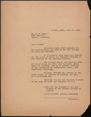 Sacco-Vanzetti Defense Committee typed letter (copy) to J. M. Kerr, Boston, Mass., March 6, 1925