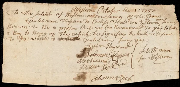 Sarah Croutch indentured to apprentice with James Brown of Western, 5 November 1750
