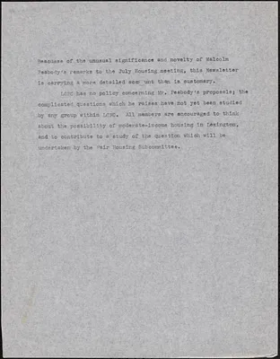 Note that newsletter will carry more detailed information about Malcolm Peabody’s proposals