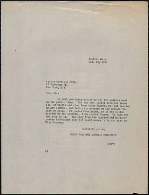 Sacco-Vanzetti Defense Committee typed letter (copy) to Arthur G. Hays, Boston, Mass., October 13, 1927