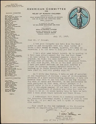 Paxton Hibben (American Committee for Relief of Russian Children) typed letter signed to [Thomas] O'Connor (Citizens National Committee for Sacco and Vanzetti), New York, N. Y., August 17, 1927