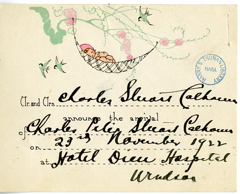 Birth Announcement for Charles Stewart Calhoun, from Mr. and Mrs. Charles Calhoun