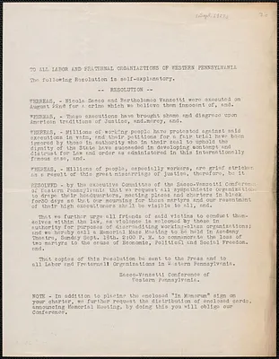 Sacco-Vanzetti Defense Conference of Western Pennsylvania typed resolution, [Pittsburgh, Pa., September 1927]