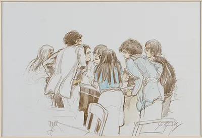 Susan Saxe surrounded by [illegible] at trial. (Artist was criticized by counselling woman for portraying the only male member as taller and therefore...)