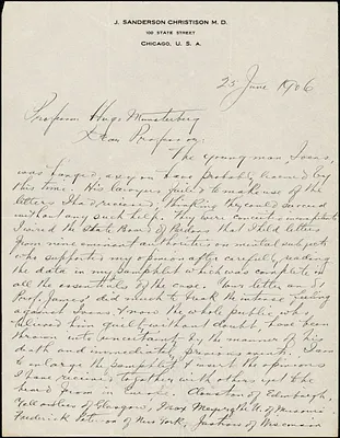 Christison, John Sanderson, 1856-1908 autograph letter signed to Hugo Münsterberg, Chicago, 25 June 1906