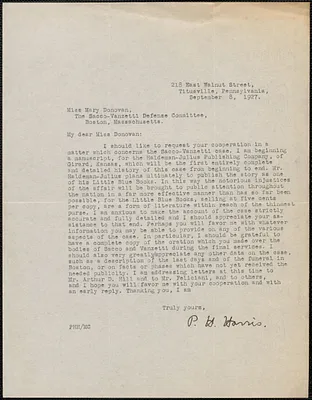 P. H. Harris typed letter signed to Mary Donovan, Titusville, Pa., September 8, 1927