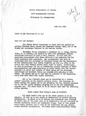 Letter from David J. McDonald to Directors of United Steelworkers of America