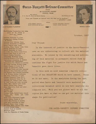 Sacco-Vanzetti Defense Committee typed letter (circular), Boston, Mass., October 1927