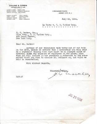 Letters Received to H.H. Barker, July 19, 1934