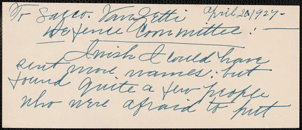 Mrs. George W. Waring autograph note signed to Sacco-Vanzetti Defense Committee, April 20, 1927