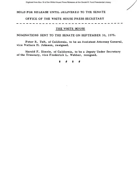 Nominations of Peter R. Taft and Harold F. Eberle were Sent to the Senate on September 30, 1975 [Position Appointments and Resignations]