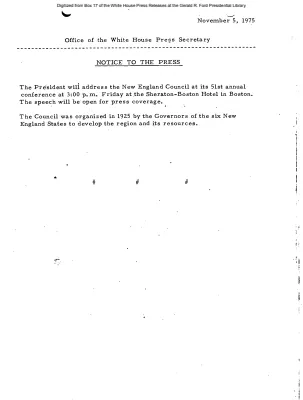 President Will Address New England Council at its 51st annual conference [Notice to Press]