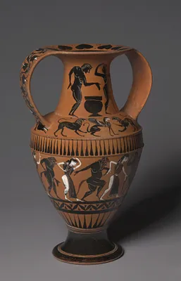 Black-Figure Nikosthenic Amphora (Storage Vessel): Dancing Youths; Sphinxes and Lions; Satyrs and Maenads