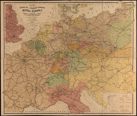 Special-karte der eisenbahn-, post- u. dampfschiff-verbindungen Mittel-Europa's mit angabe aller eisenbahn-, post- u. dampfschiffstationen, speditionsorte, zoll- u. steuerämter, bäder, mineralquellen