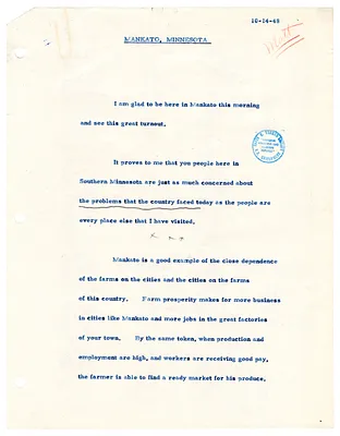 Reading Copy, Speech of President Harry S. Truman, Mankato, Minnesota