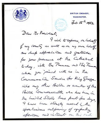 Letter from Ambassador of Great Britain Oliver Franks to President Harry S. Truman