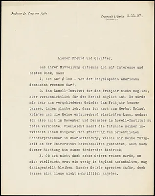 Halle, Ernst von, 1868-1909 typed letter signed to Hugo Münsterberg, Grunewald b. Berlin, 5 November 1907