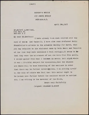 Charles H. Brent typed letter (copy) to Robert A. Hoffman, Buffalo, N. Y., April 14, 1927