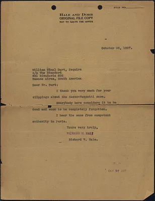 Richard W. Hale typed letter (copy) to William Vinal Burt (The Standard), Boston, Mass., October 26, 1927