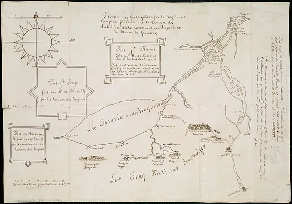 Plans des forts faicts par le Regiment Carignan Salieres sur la Riviere de Richilieu dicte autrement des Iroquois en la Nouvelle France