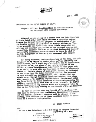 Memorandum from Secretary of Defense Louis Johnson to the Joint Chiefs of Staff
