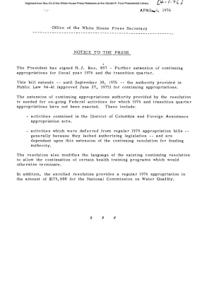 President Signs H.J. Res. 857, Further extension of continuing appropriations for fiscal year 1976 and the transition quarter [Signing Statements and Announcements]