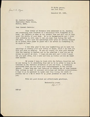 Elizabeth Gurley Flynn typed letter signed to Bartolomeo Vanzetti, New York, 22 December 1925