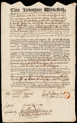Charles Eburne Packer indentured to apprentice with Edward Lutwycke of Hopkinton, 5 December 1744