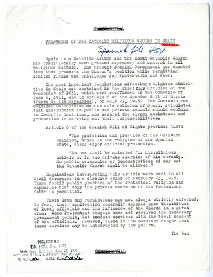 State Department Memorandum, Treatment of Non-Catholic Religious Groups in Spain