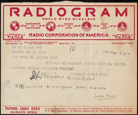 E. Loreley telegram, in Spanish, to Joseph Moro, Buenos Aires, Argentina, June 26, 1927