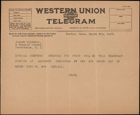 Frank R. Lopez telegram to Joseph M. Coldwell, Boston, Mass., March 5, 1923