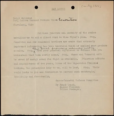 Sacco-Vanzetti Defense Committee typed letter (copy) to Luigi Antonini (International Ladies Garment Workers' Union), Boston, Mass., [approximately May 1921]