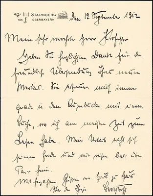 Bernstorff, Johann Heinrich, Graf von, 1862-1939 autograph letter signed to Hugo Münsterberg, Starnberg, Ger., 12 September 1912