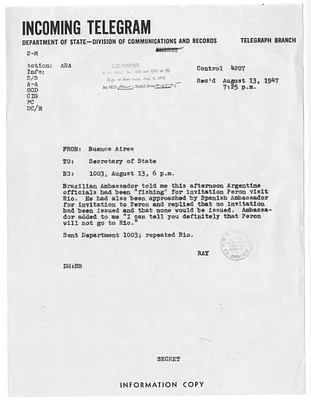 Telegram from Ray to Secrertary of State George C. Marshall
