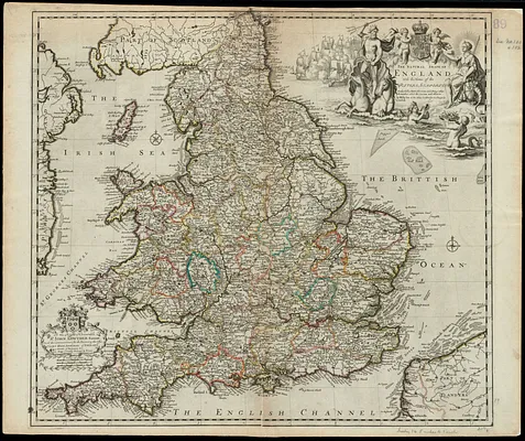 The natural shape of England with the names of rivers, seaports, sands, hills, moors, forrests, and many other remarks which the Curious will observe
