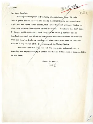 Telegram from Senator Joseph McCarthy to President Harry S. Truman, with Draft Reply