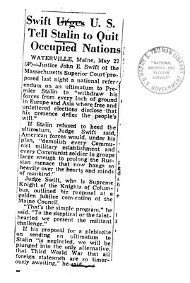 Newspaper Clipping, "Swift Urges U. S. Tell Stalin to Quit Occupied Nations"