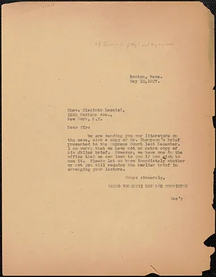Sacco-Vanzetti Defense Committee typed note (copy) to Giacinto Leccisi, Boston, Mass., May 18, 1927