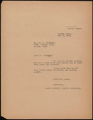 Amleto Fabbri (Sacco-Vanzetti Defense Committee) typed note (copy) to William G. Thompson, Boston, Mass., December 9, 1925