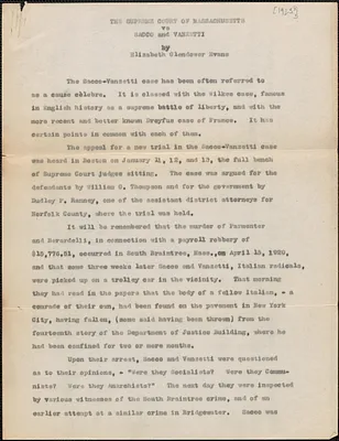 Elizabeth Glendower Evans typed document, [Boston, Mass., 1923?]: The Supreme Court of Massachusetts vs. Sacco and Vanzetti