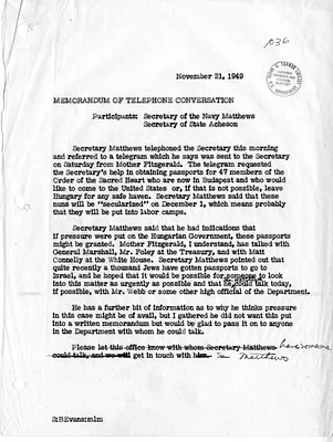 Memorandum of Telephone Conversation with Secretary of State Dean Acheson and Secretary of the Navy Francis Matthews