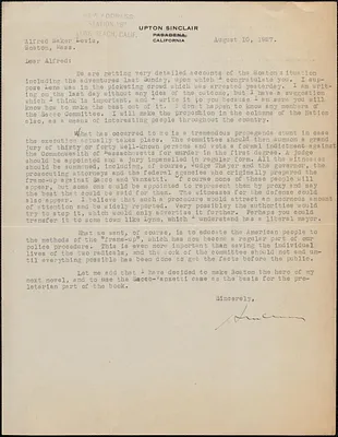 Upton Sinclair autograph letter signed to Alfred Baker Lewis Socialist Party, New England District), Long Beach, Calif., August 10, 1927